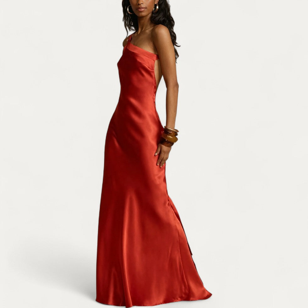 One Shoulder Satin Backless Evening Maxi Dress