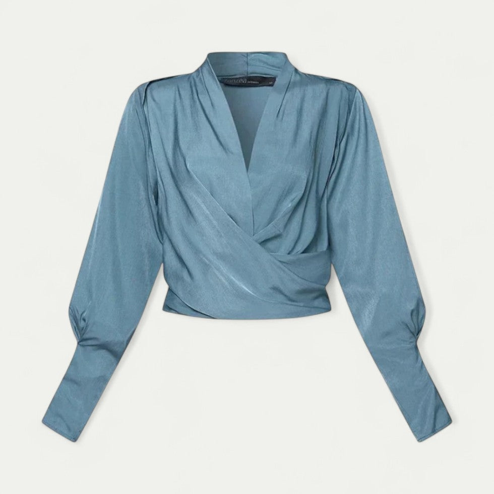Elegant V Neck Wrap Blouse with Long Sleeves for Women