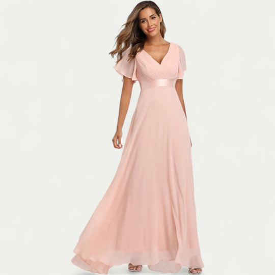 V Neck Chiffon Evening Dress with Flutter Sleeves for Formal Events