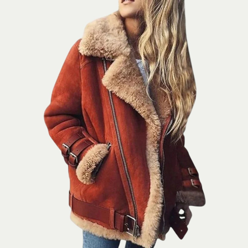 Women Faux Shearling Lined Aviator Biker Winter Jacket