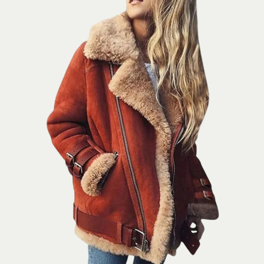 Women Faux Shearling Lined Aviator Biker Winter Jacket