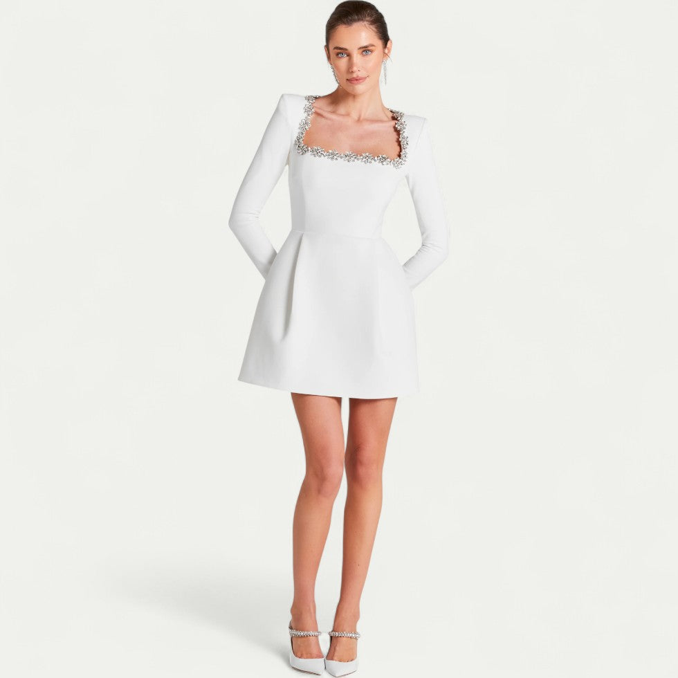 Velvet Mini Dress with Long Sleeves and Embellished Neckline