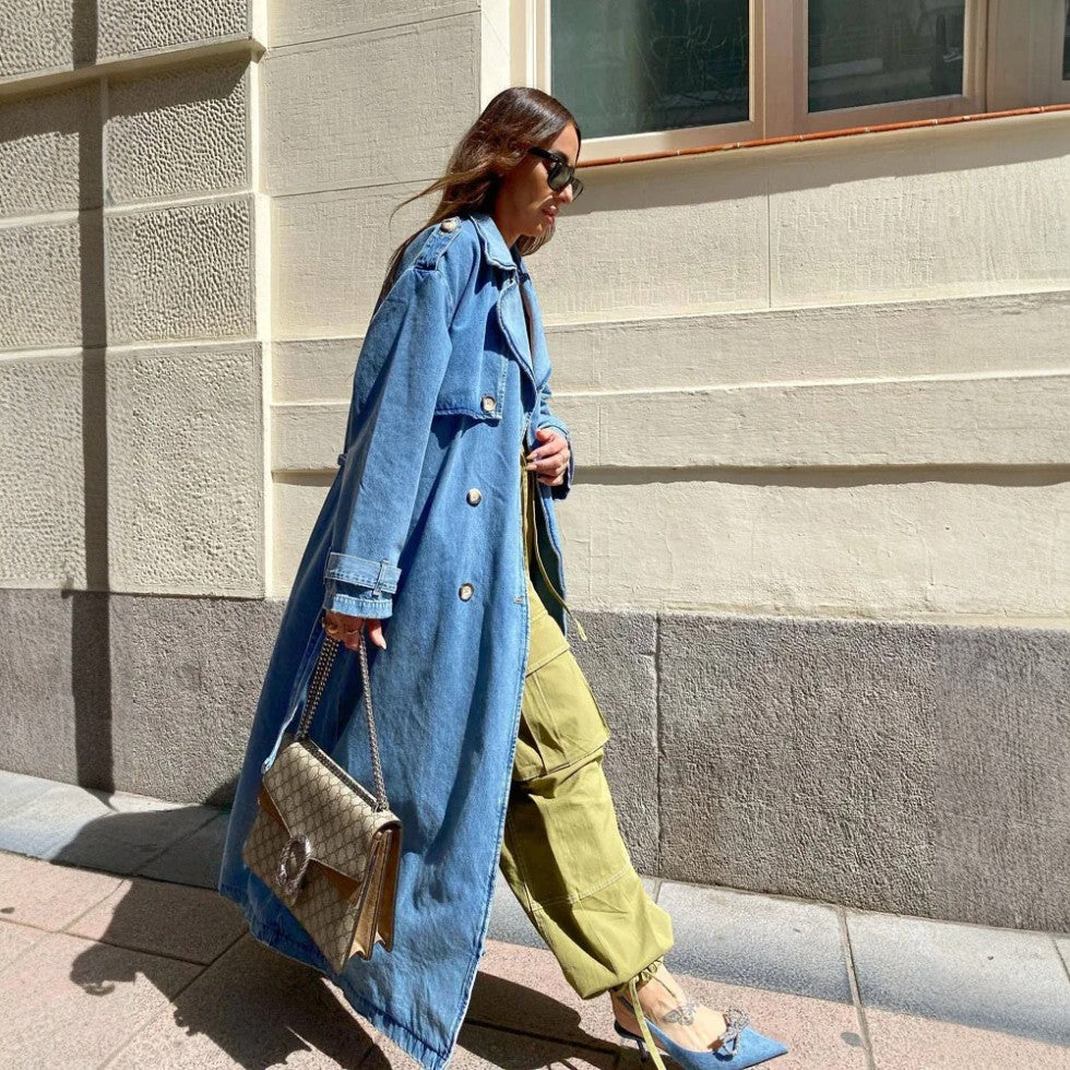 Women's Long Denim Trench Coat Casual Oversized Jacket