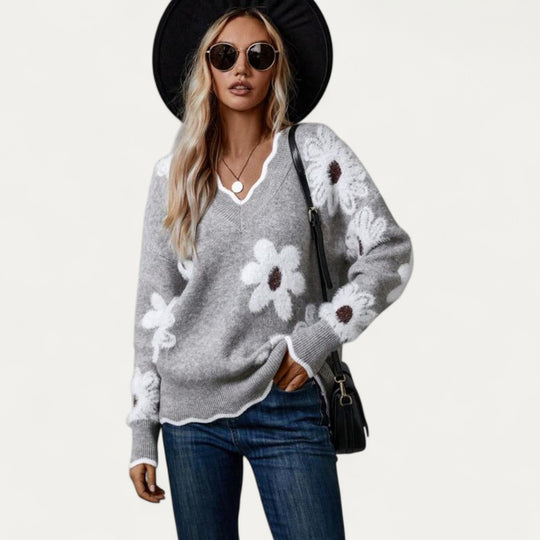 Floral Knit V Neck Sweater for Women