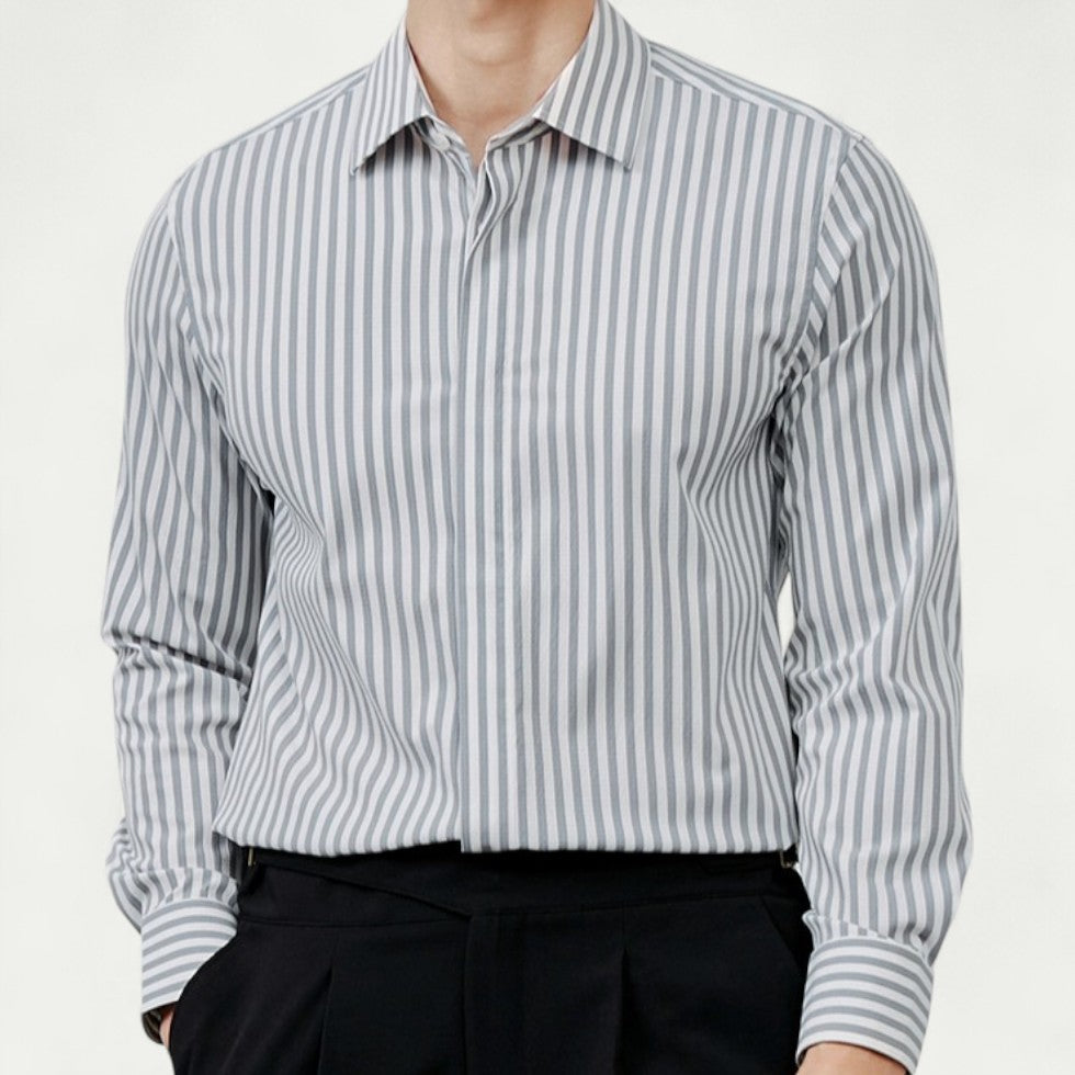 Men Cotton Long Sleeve Striped Blouse Shirt Smart Casual