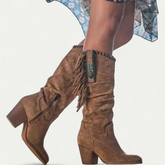 Women Orthopedic Western Mid Calf Boots with Fringe