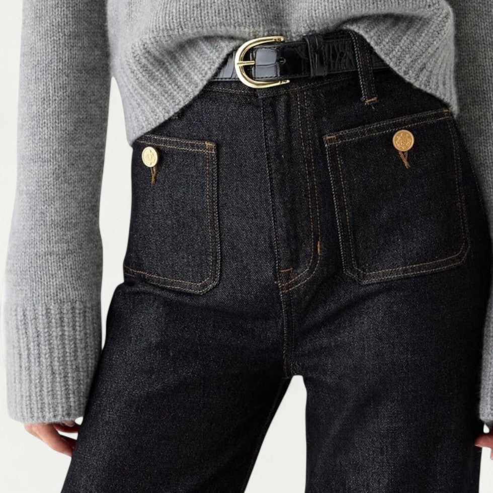 High Waist Cotton Denim Blend Straight Leg Trousers with Front Pockets