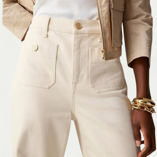 High Waist Cotton Denim Blend Straight Leg Trousers with Front Pockets
