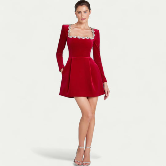 Velvet Mini Dress with Long Sleeves and Embellished Neckline