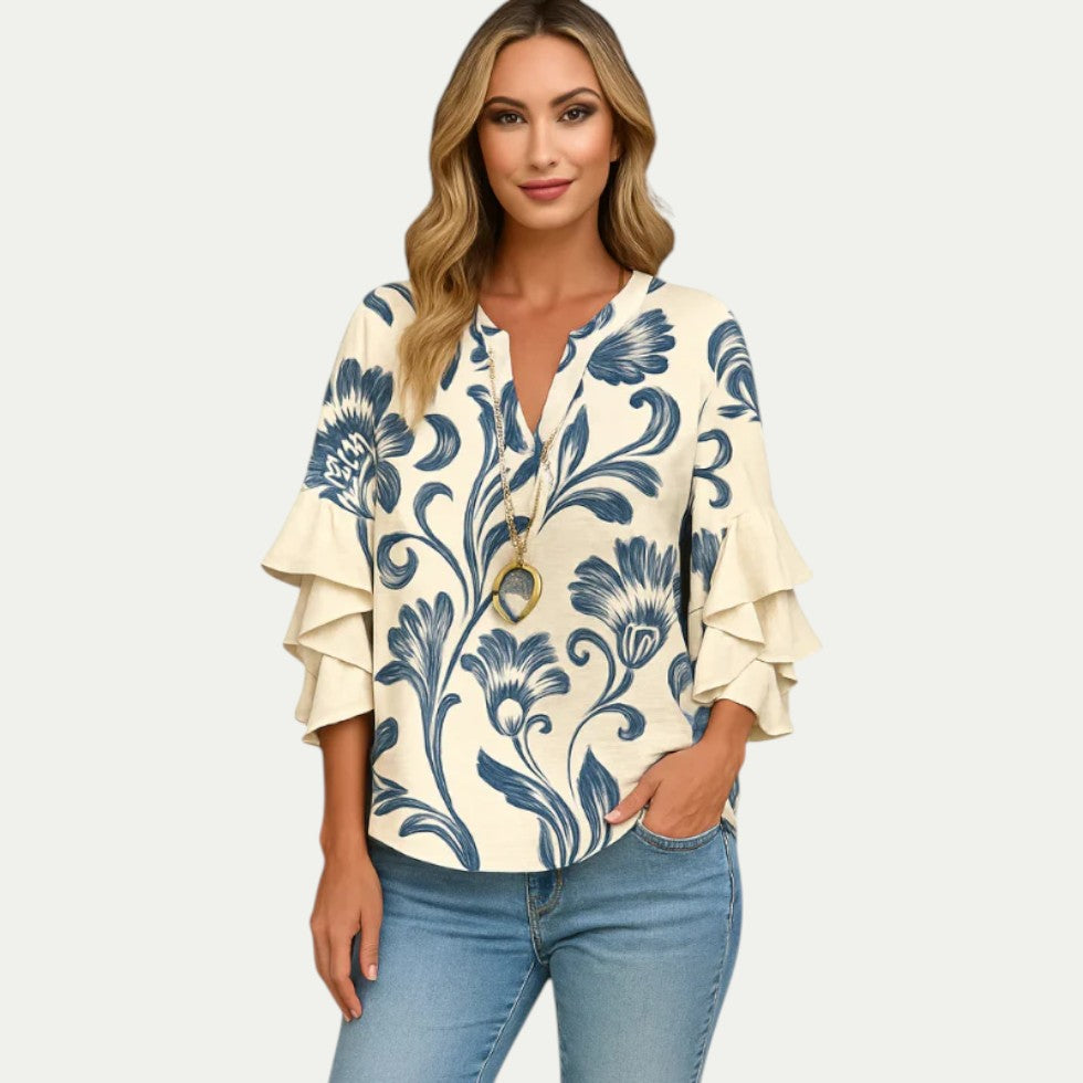 Cotton Ruffle Sleeve Floral Print Blouse for Women