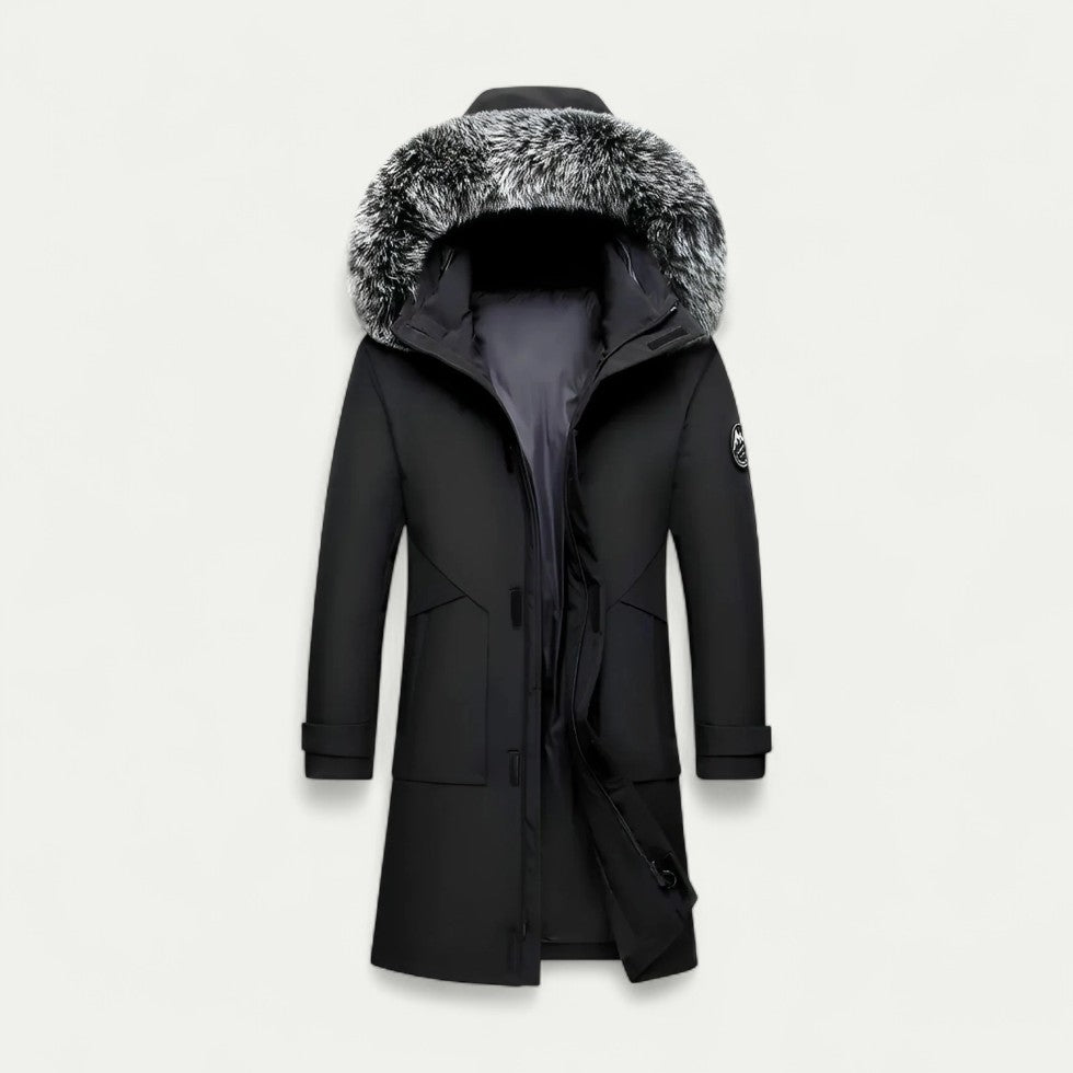 Long Hooded Winter Parka with Faux Fur Trim for Men