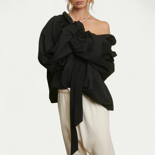 Ruffled Puff Sleeve Blouse with Bow Tie Detail
