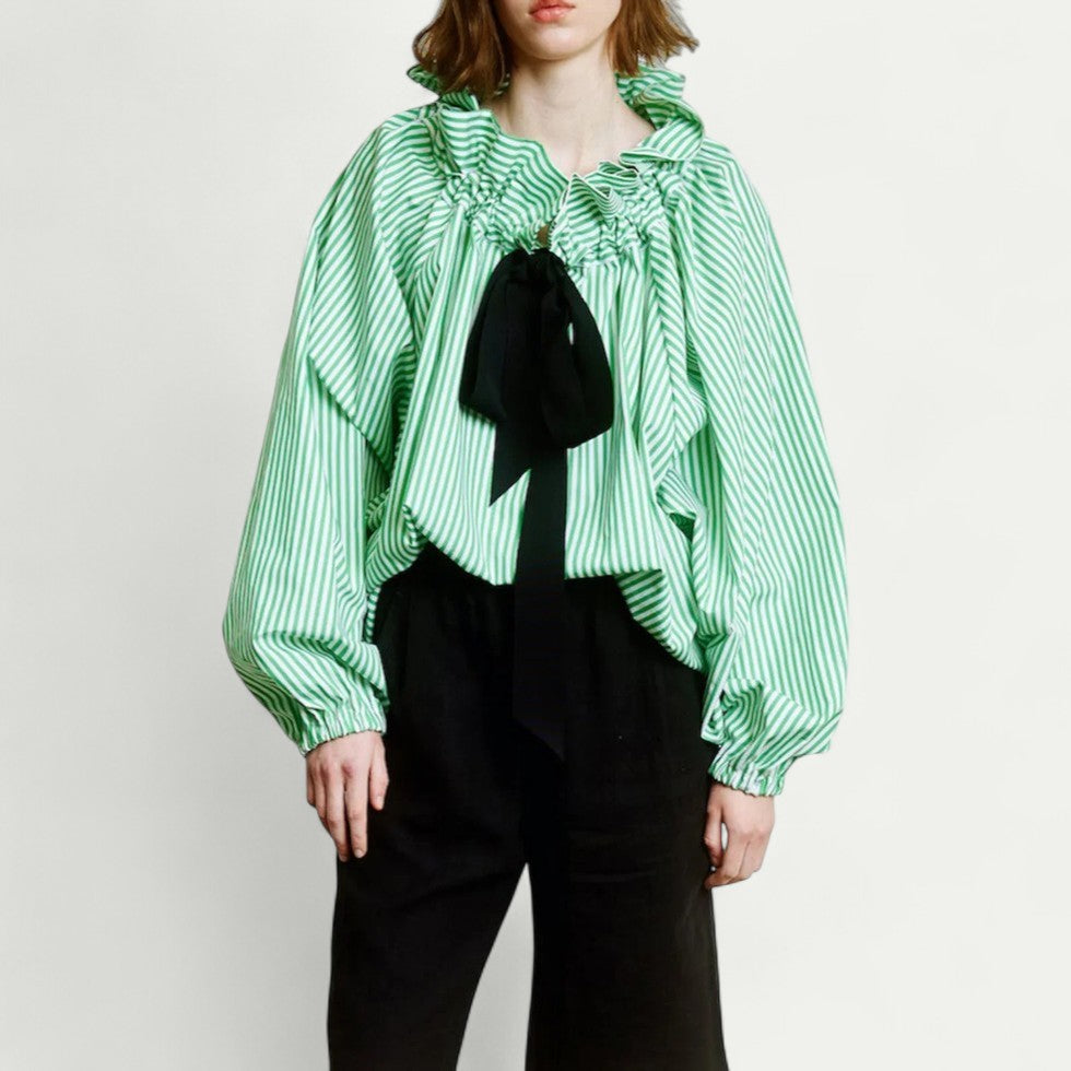 Ruffled Puff Sleeve Blouse with Bow Tie Detail