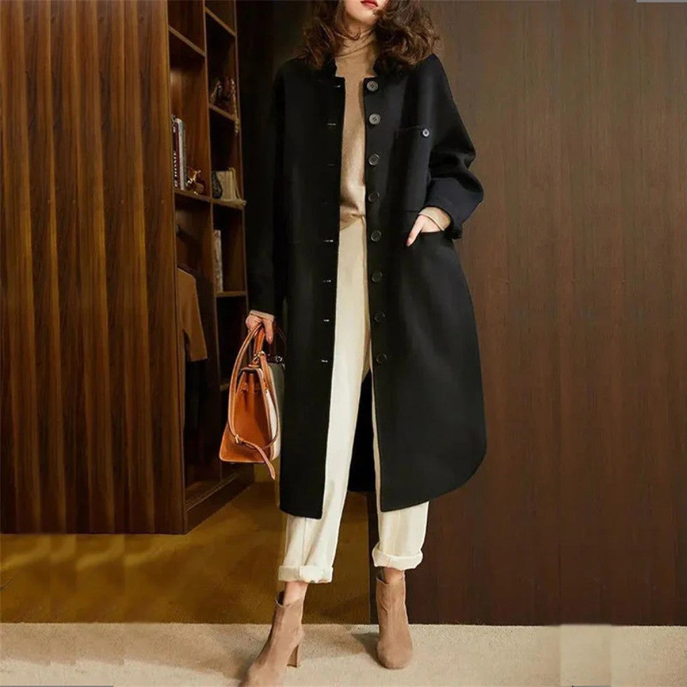 Women's Long Wool Blend Button Up Winter Coat