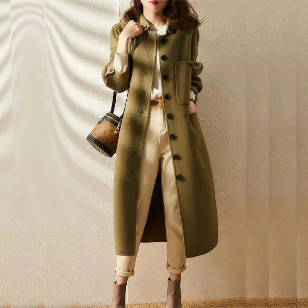 Women's Long Wool Blend Button Up Winter Coat