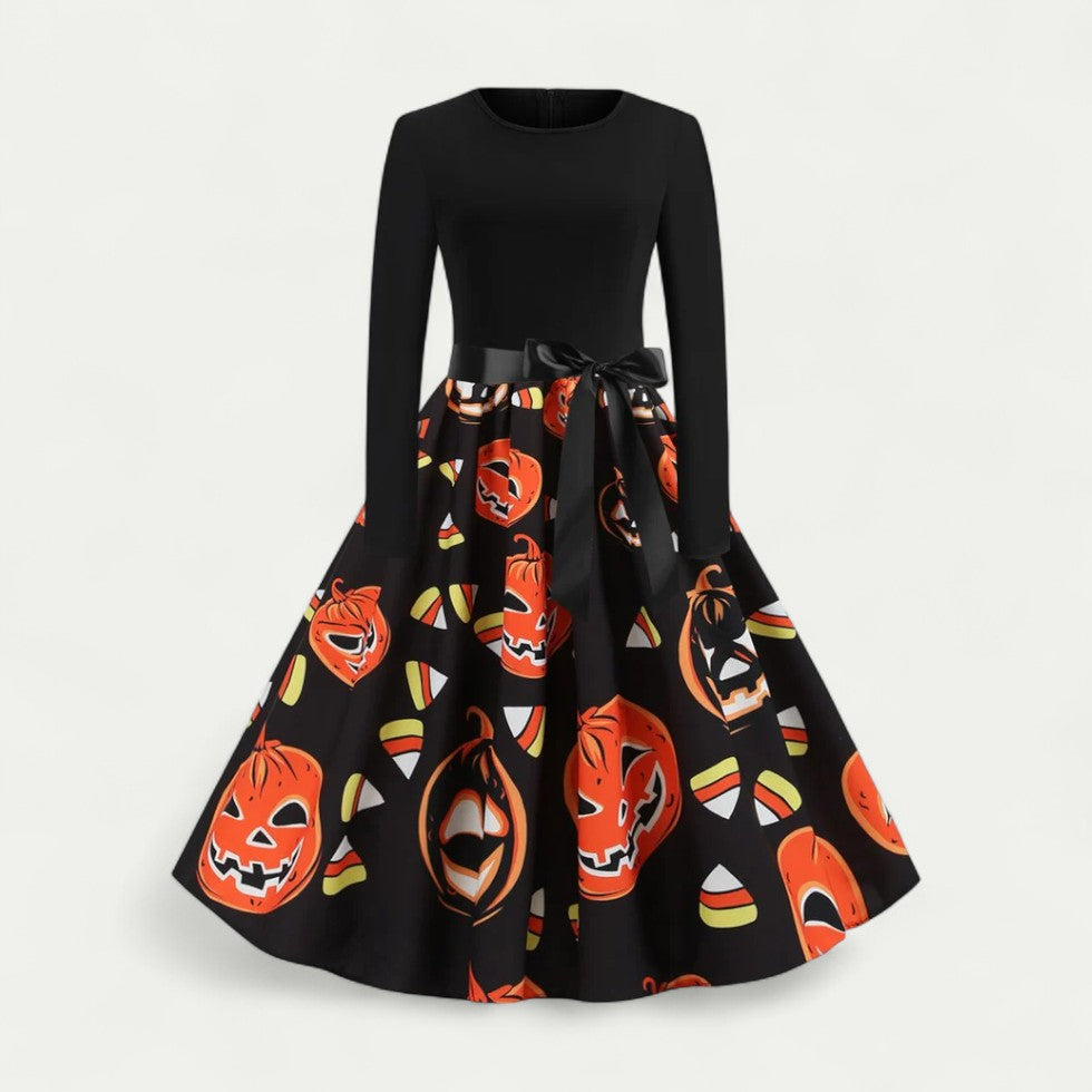 Halloween Print Long Sleeve Midi Costume Dress