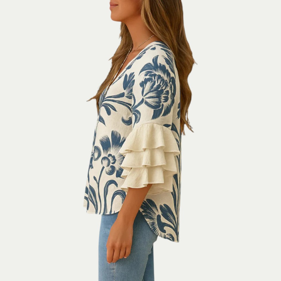 Cotton Ruffle Sleeve Floral Print Blouse for Women