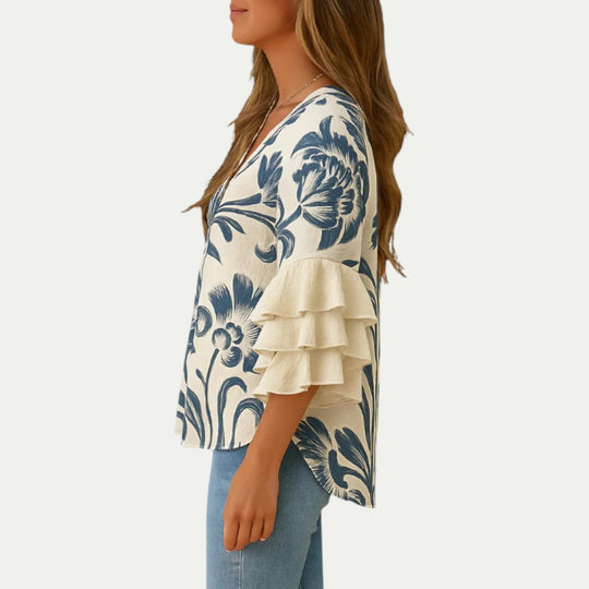Cotton Ruffle Sleeve Floral Print Blouse for Women