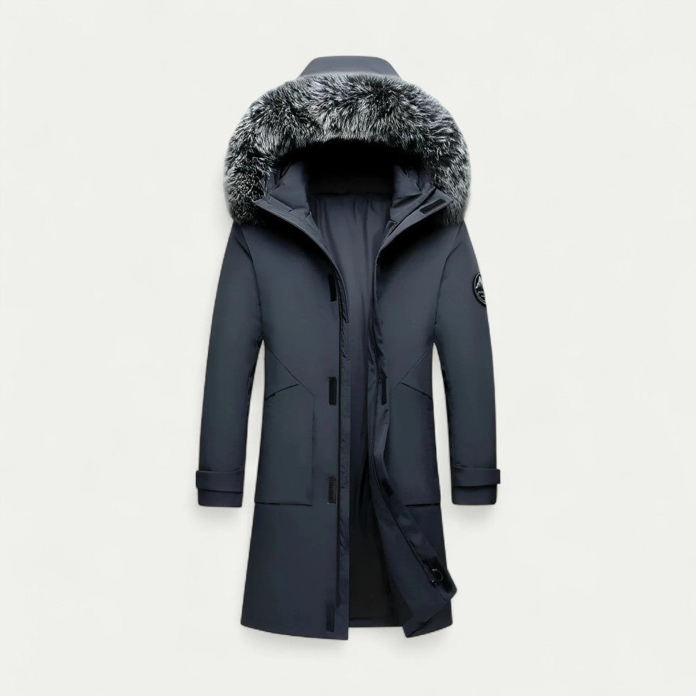 Long Hooded Winter Parka with Faux Fur Trim for Men