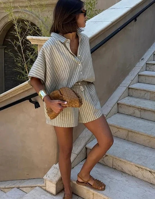 Relaxed Cotton Co Ord Set with Striped Summer Look