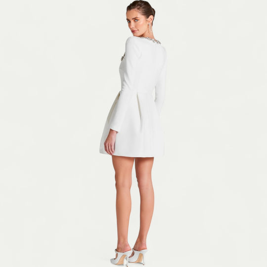 Velvet Mini Dress with Long Sleeves and Embellished Neckline