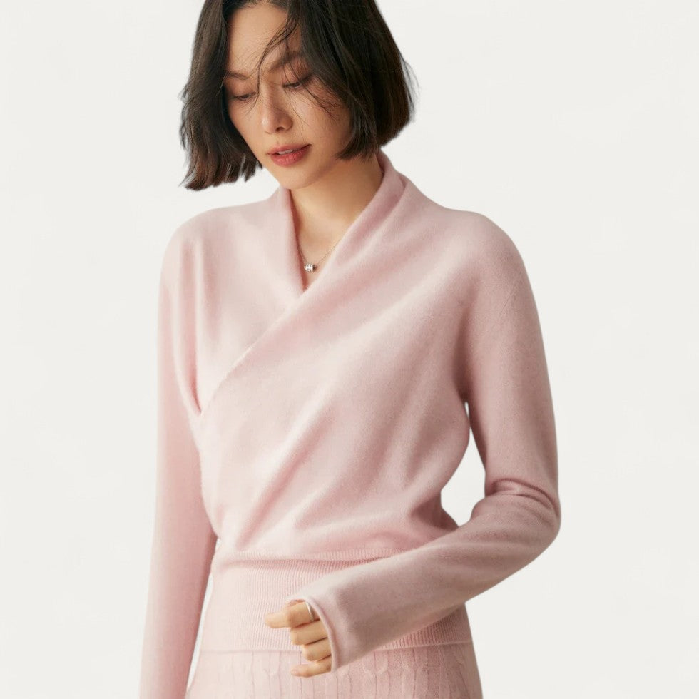 Cashmere Wrap Front Knit V Neck Sweater for Women