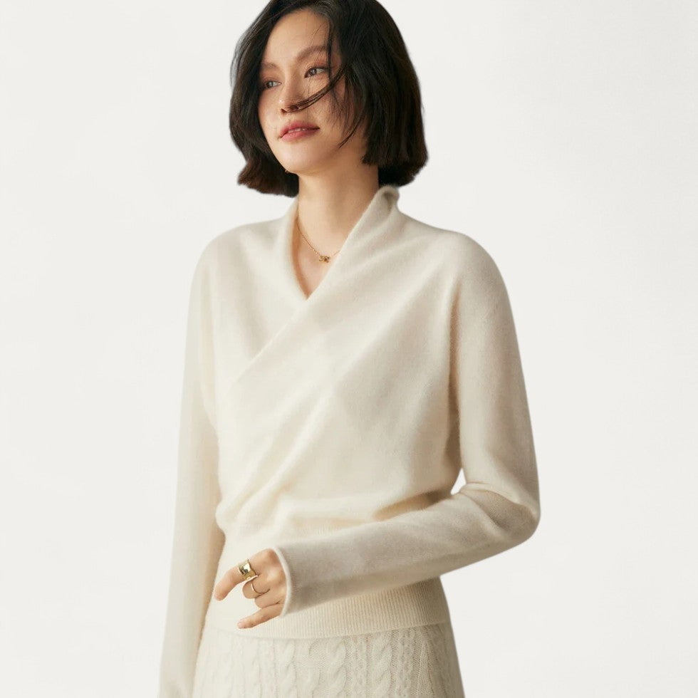 Cashmere Wrap Front Knit V Neck Sweater for Women