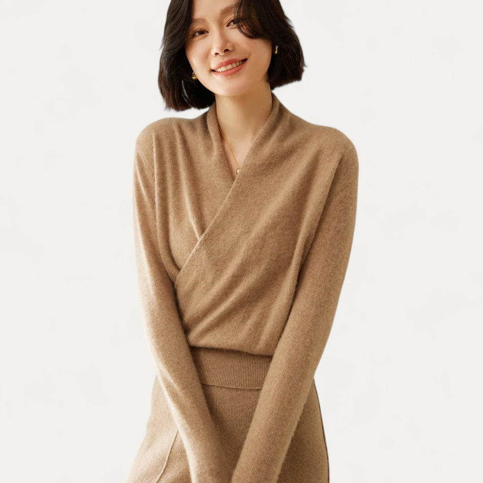 Cashmere Wrap Front Knit V Neck Sweater for Women