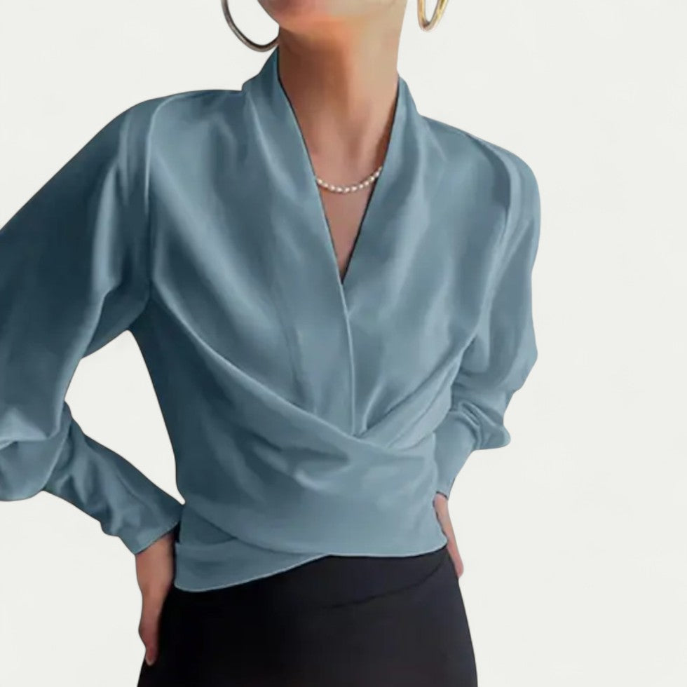 Elegant V Neck Wrap Blouse with Long Sleeves for Women