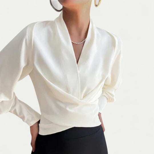 Elegant V Neck Wrap Blouse with Long Sleeves for Women
