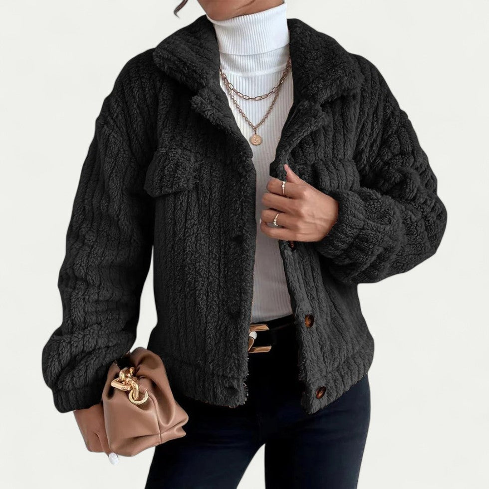 Women’s Short Teddy Fleece Button Up Jacket