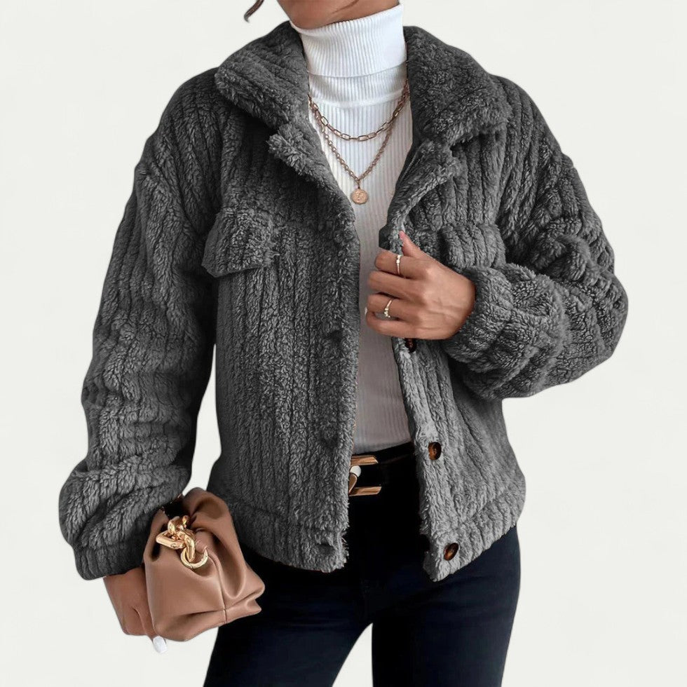 Women’s Short Teddy Fleece Button Up Jacket