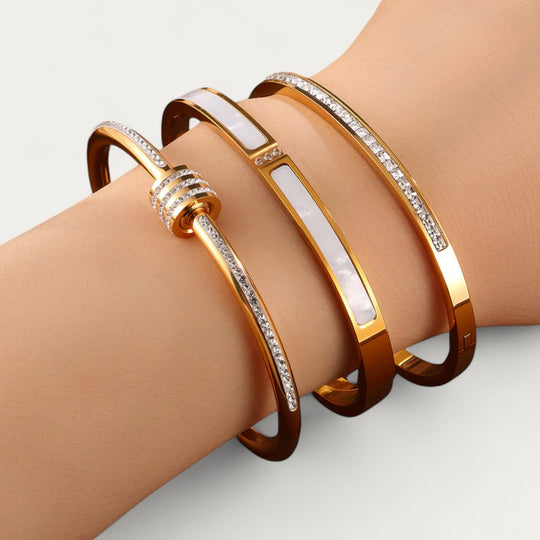 Set of Elegant Bangle Bracelets with Crystal Detailing