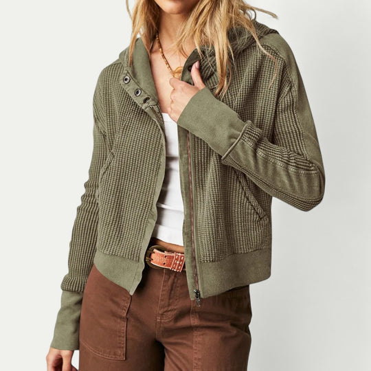 Waffle Textured Zip Up Hoodie for Women