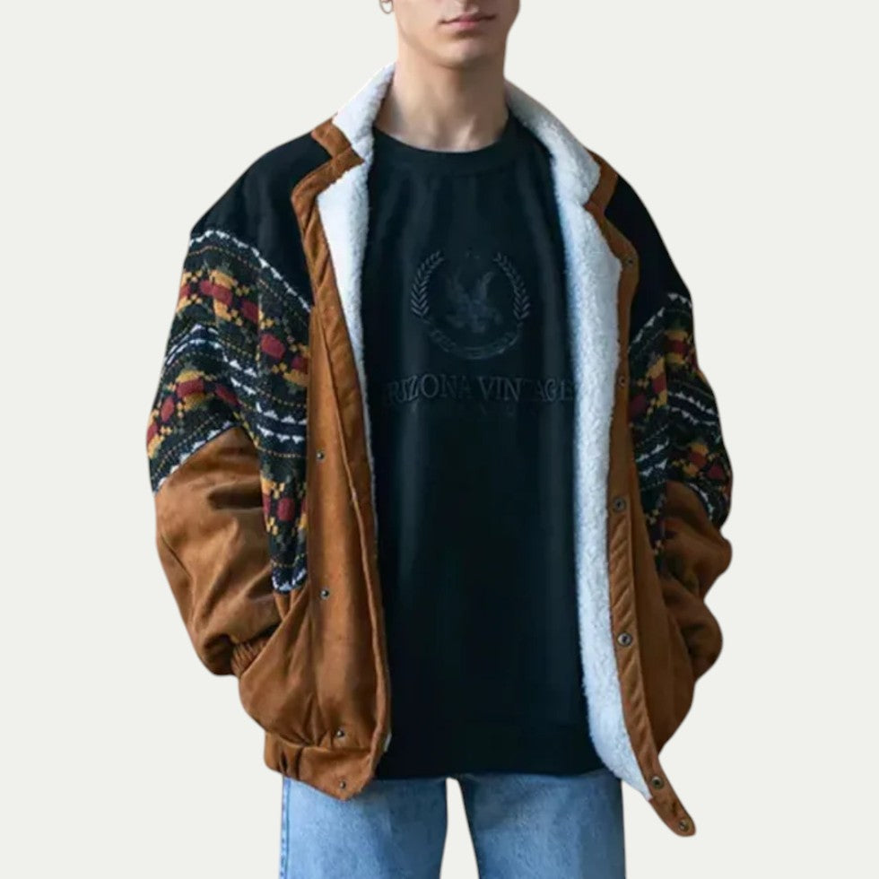 Vintage Sherpa Lined Suede Pattern Jacket for Men
