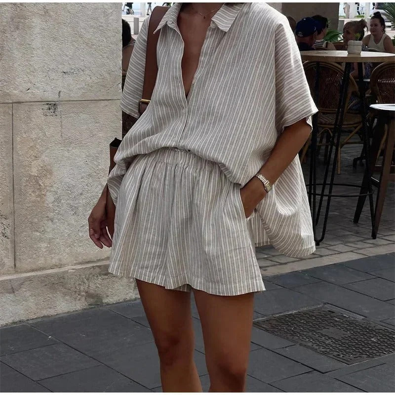 Relaxed Cotton Co Ord Set with Striped Summer Look