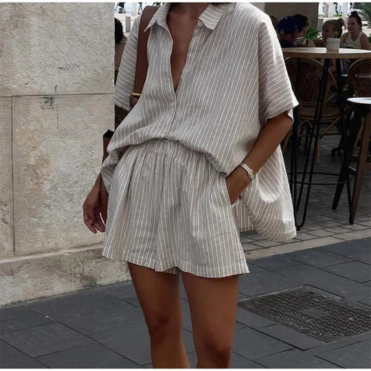 Relaxed Cotton Co Ord Set with Striped Summer Look