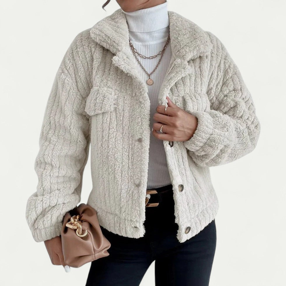 Women’s Short Teddy Fleece Button Up Jacket
