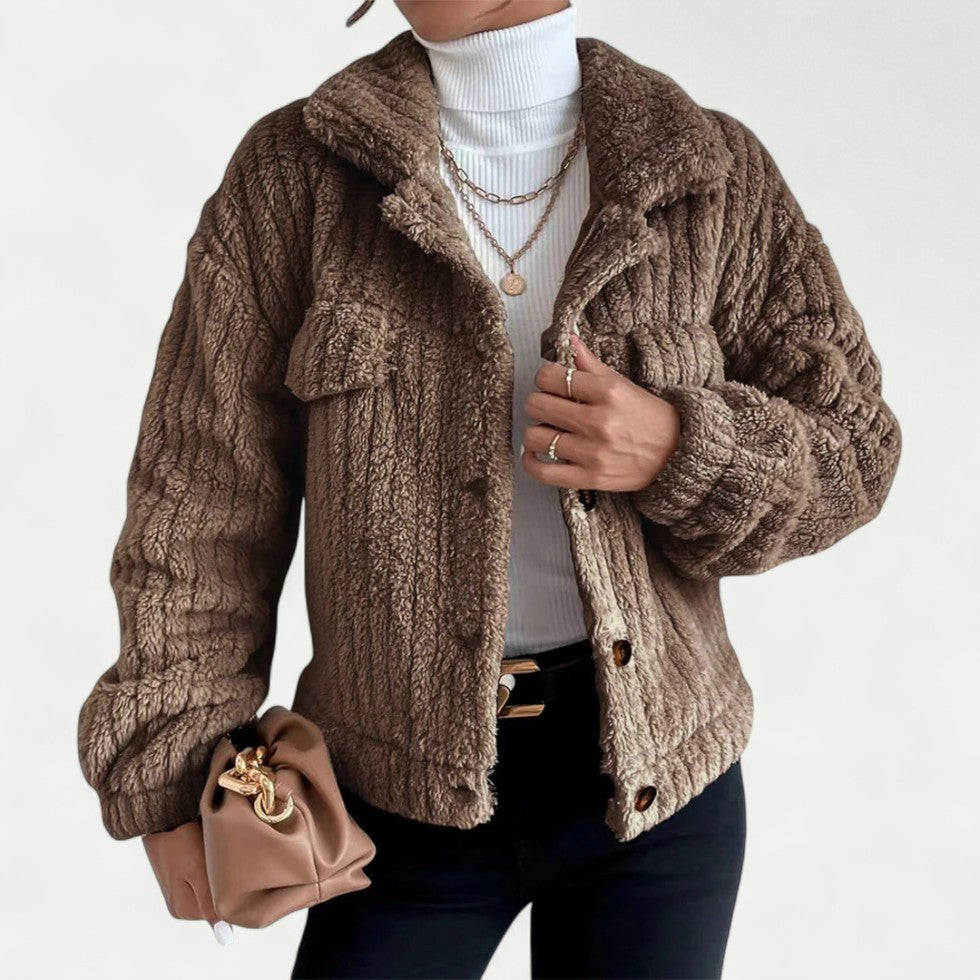 Women’s Short Teddy Fleece Button Up Jacket