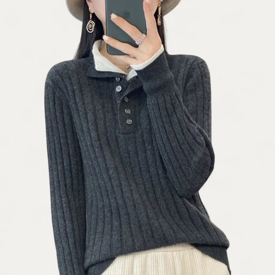 Ribbed Button Neck Knit Jumper for Women