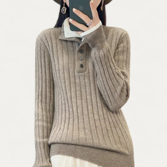 Ribbed Button Neck Knit Jumper for Women