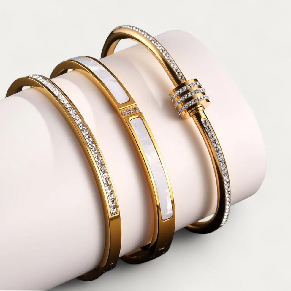 Set of Elegant Bangle Bracelets with Crystal Detailing