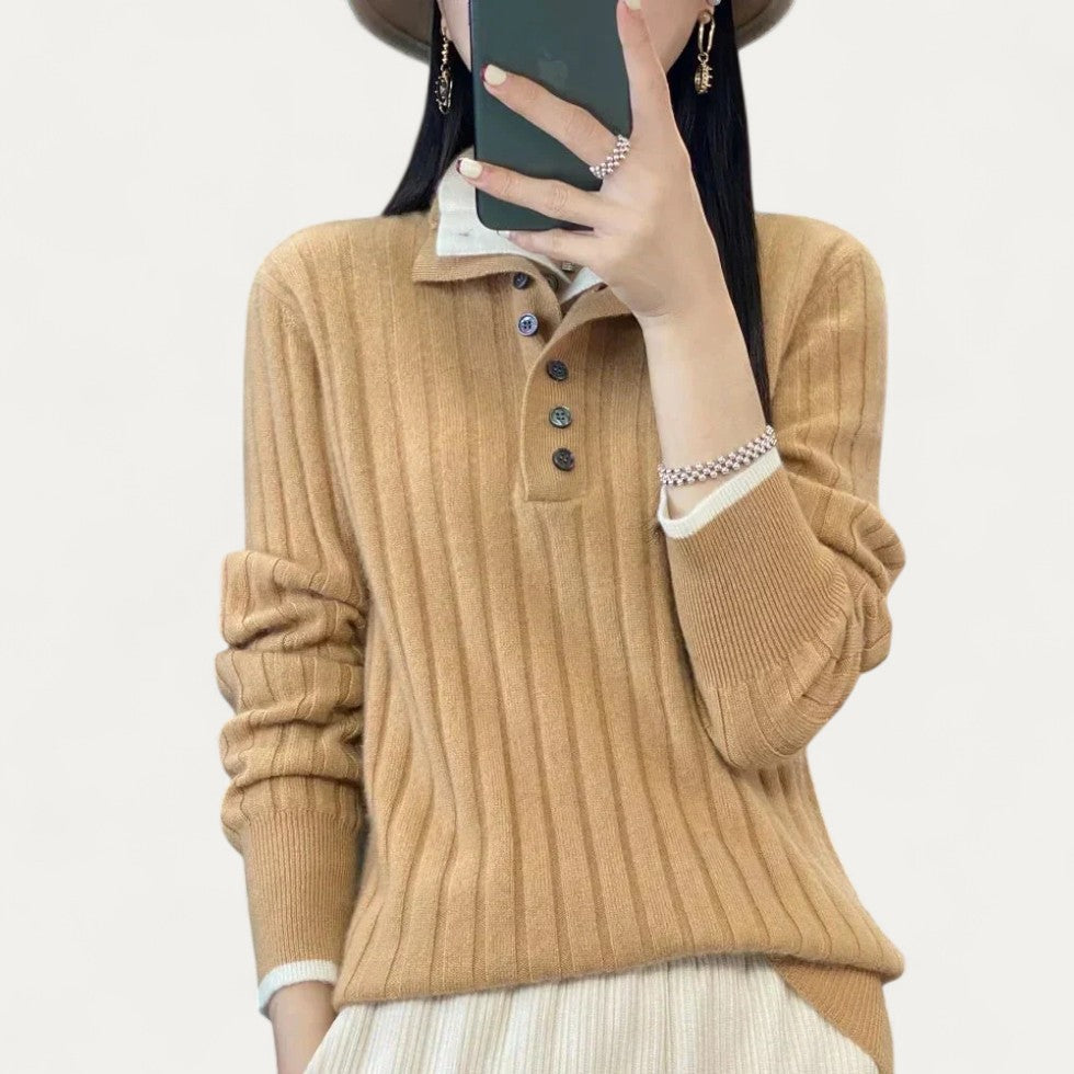 Ribbed Button Neck Knit Jumper for Women