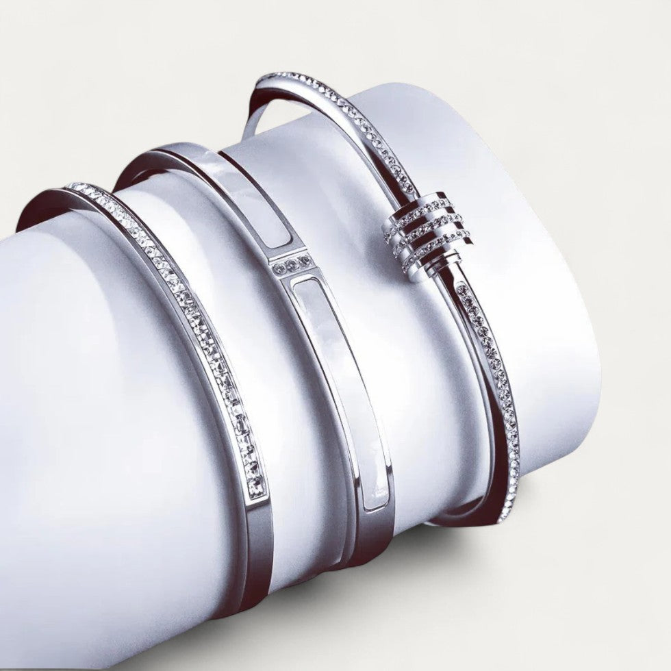 Set of Elegant Bangle Bracelets with Crystal Detailing
