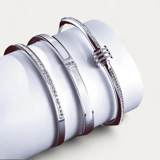 Set of Elegant Bangle Bracelets with Crystal Detailing