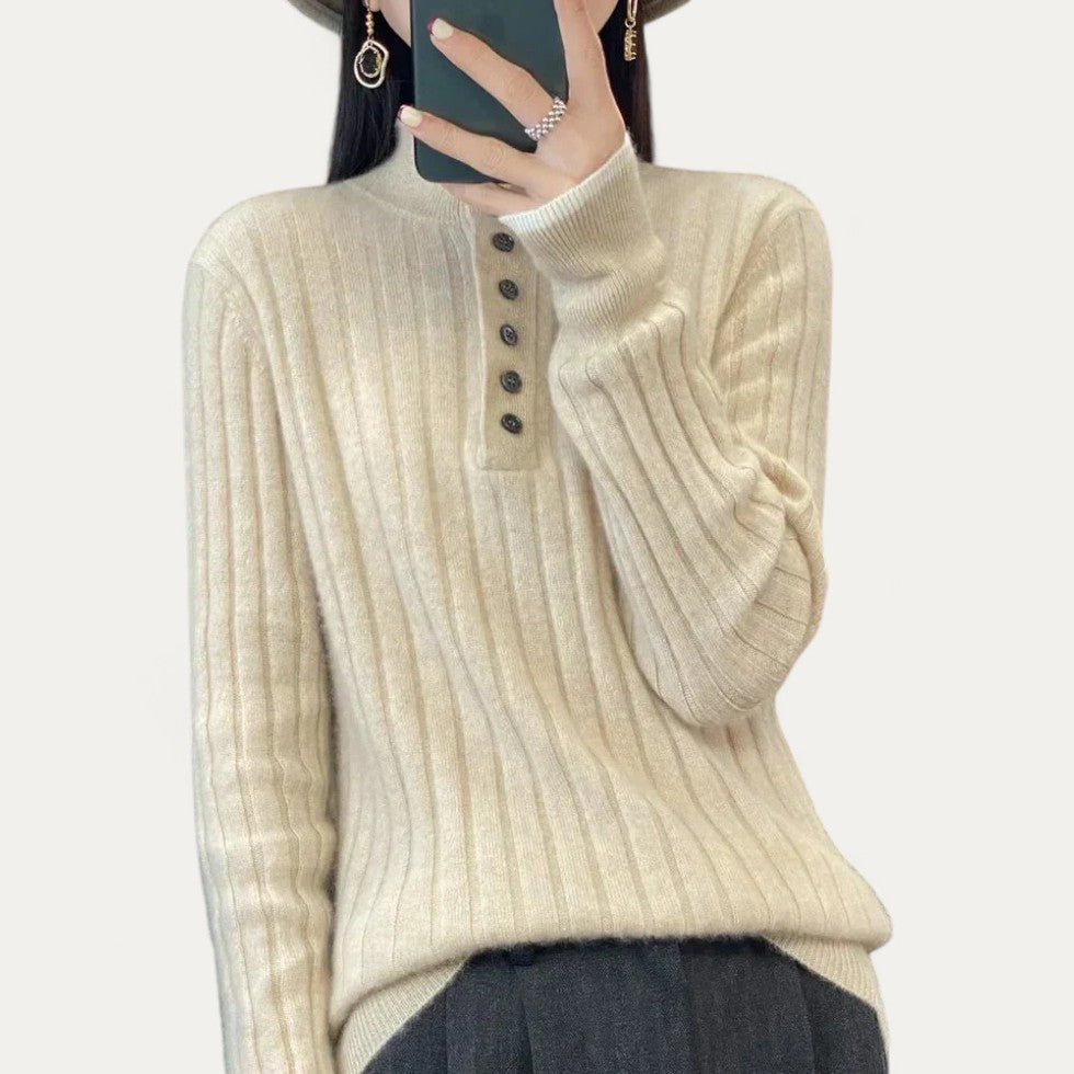 Ribbed Button Neck Knit Jumper for Women