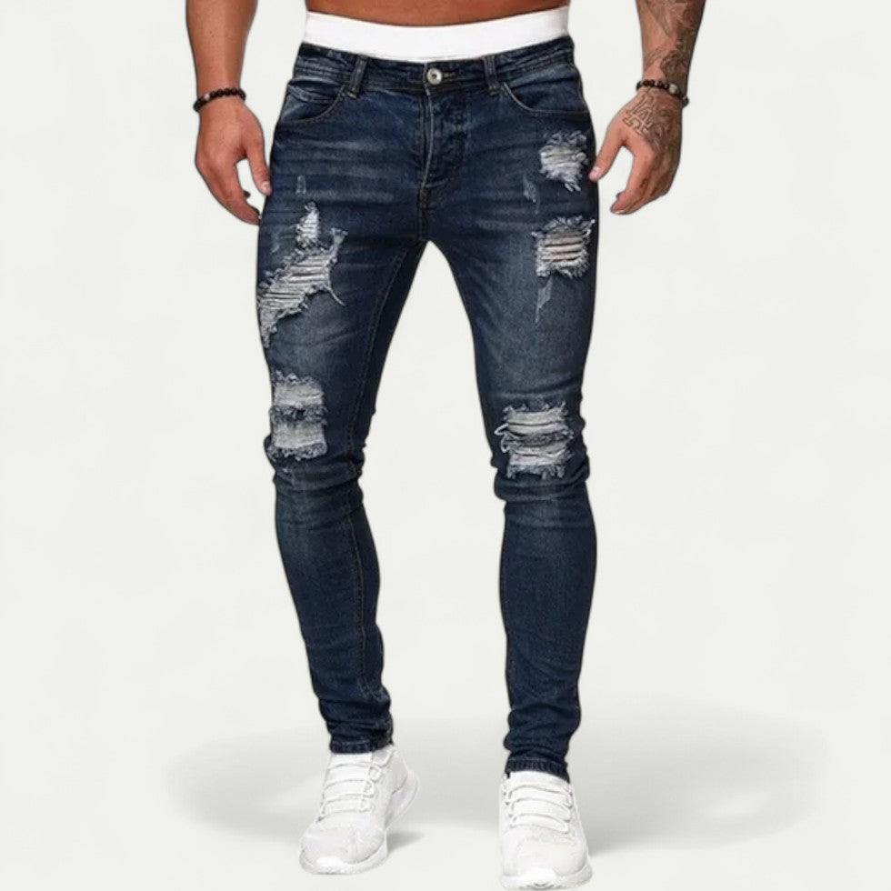 Ripped Skinny Fit Stretch Cotton Denim Blend Jeans for Men