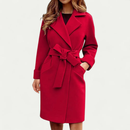 Women Belted Wool Blend Long Sleeve Elegant Trench Coat