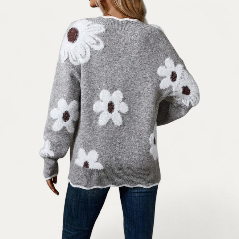 Floral Knit V Neck Sweater for Women