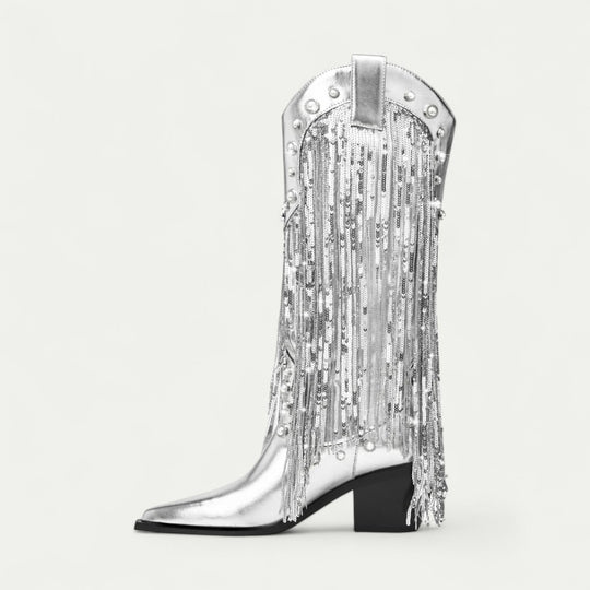 Orthopedic Silver Western Cowboy Boots with Fringe Detail